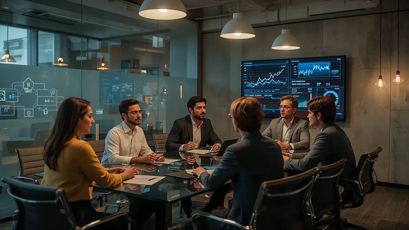 A hyper-realistic photo of a diverse group of business professionals collaborating at a modern glass conference table with AI-powered digital screens in the background, reflecting real teamwork and innovation.