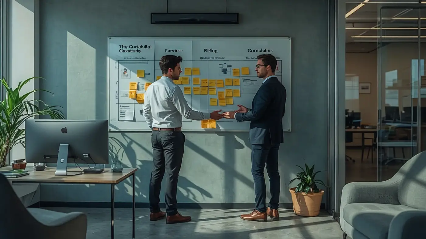 A hyper-realistic scene of two consultants collaborating in a high-tech office, discussing project plans and AI workflow diagrams in a well-lit, contemporary workspace.