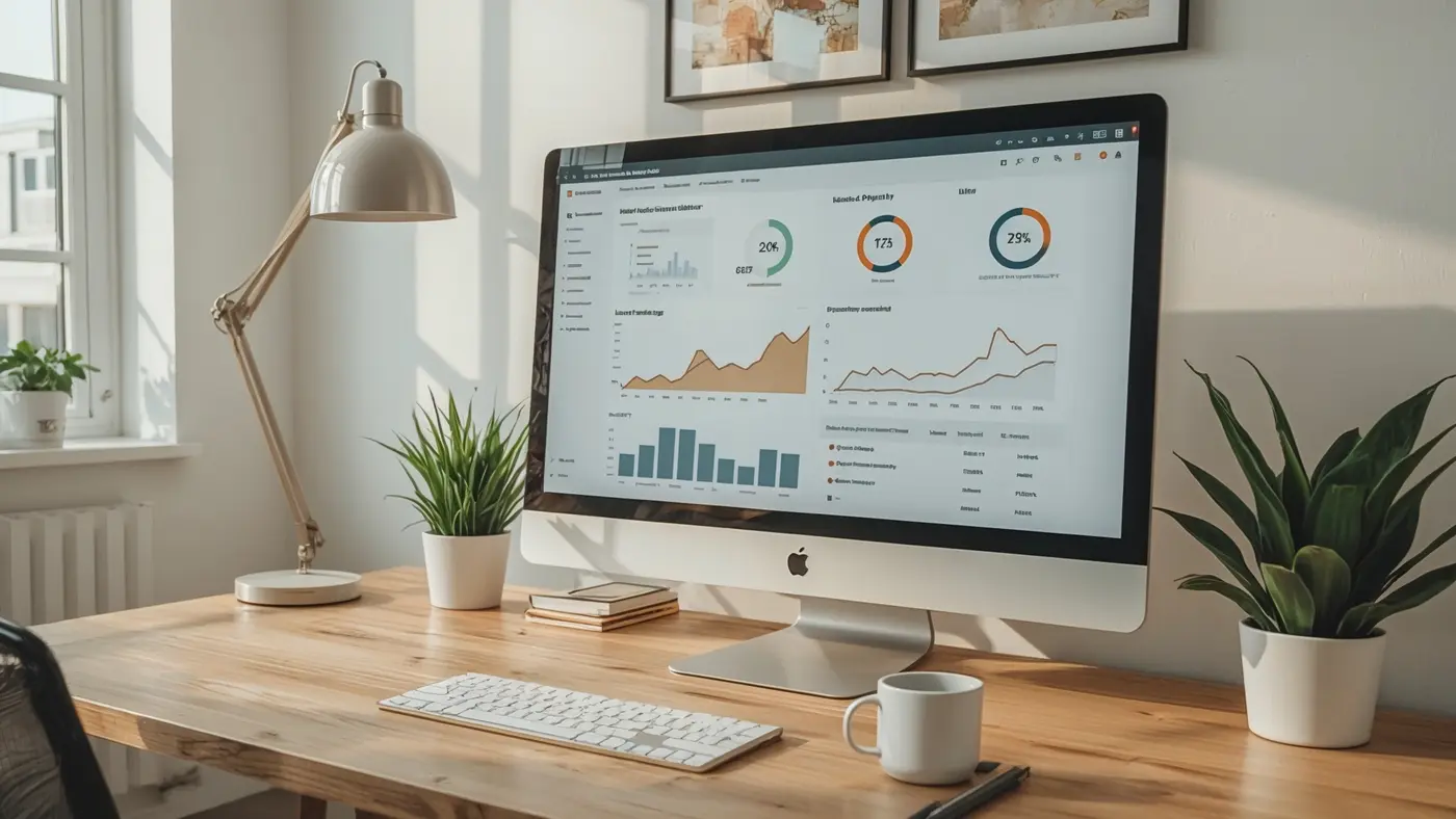 A hyper-realistic home office with a monitor displaying digital product sales analytics for ebooks and guides, featuring a tidy desk with a coffee mug, notepad, and a plant, illuminated by soft daylight