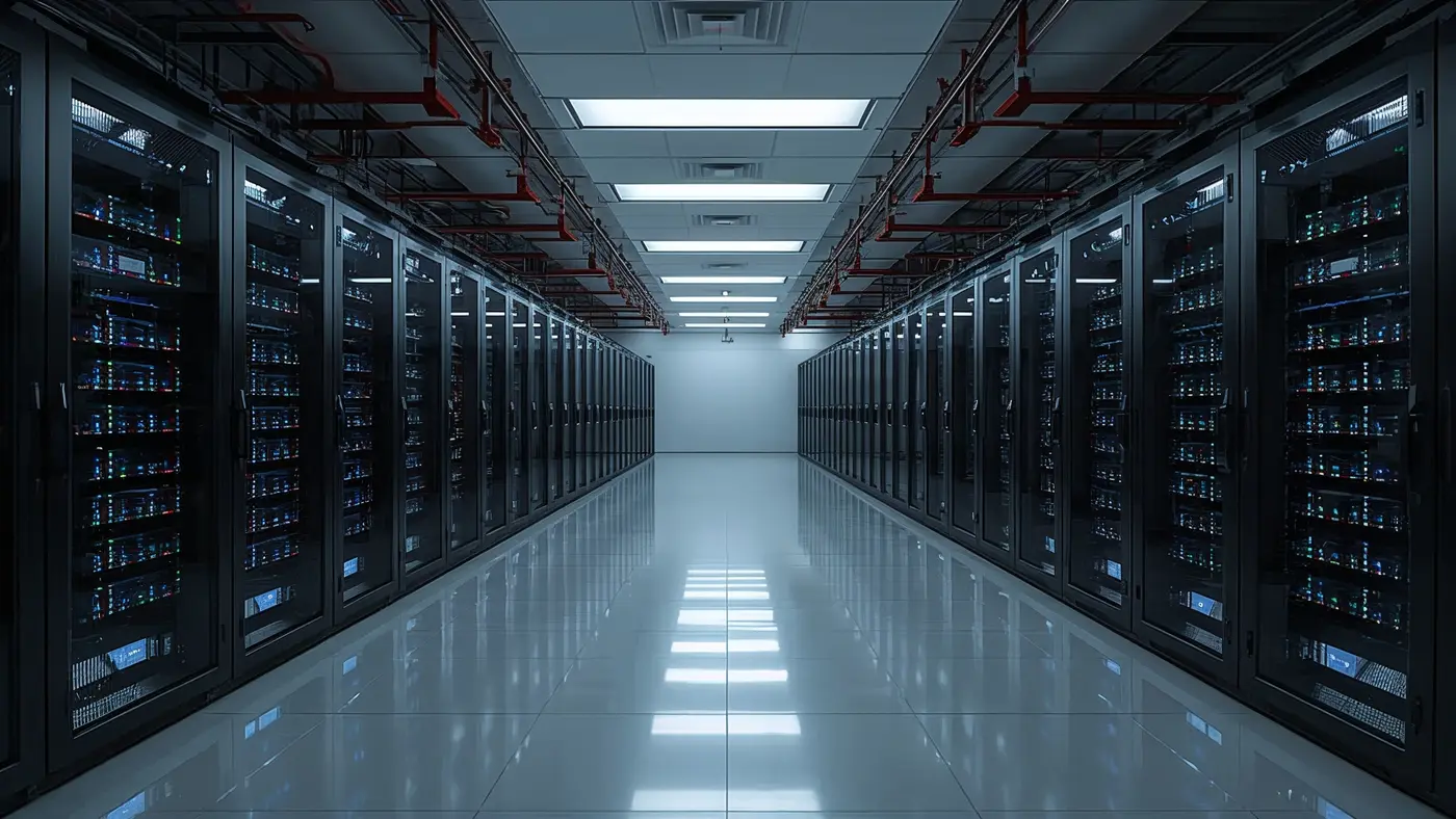 A hyper-realistic photo of a secure, modern cloud server room with rows of illuminated server racks, symbolizing scalable startup infrastructure.
