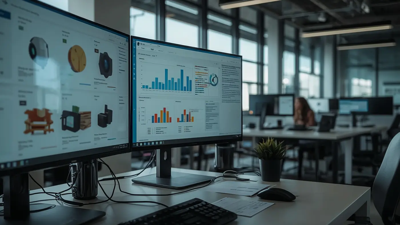 A hyper-realistic close-up of a professional desktop with screens showing product specifications, structured reviews, and charts for AI-driven analysis.