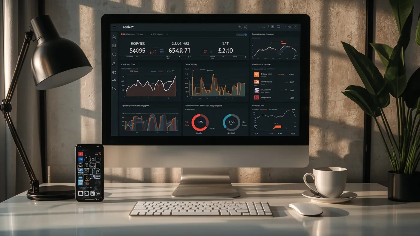 A hyper-realistic close-up of a desktop computer displaying an AI-powered ad management dashboard, with performance metrics and creative previews in a clean, modern workspace.