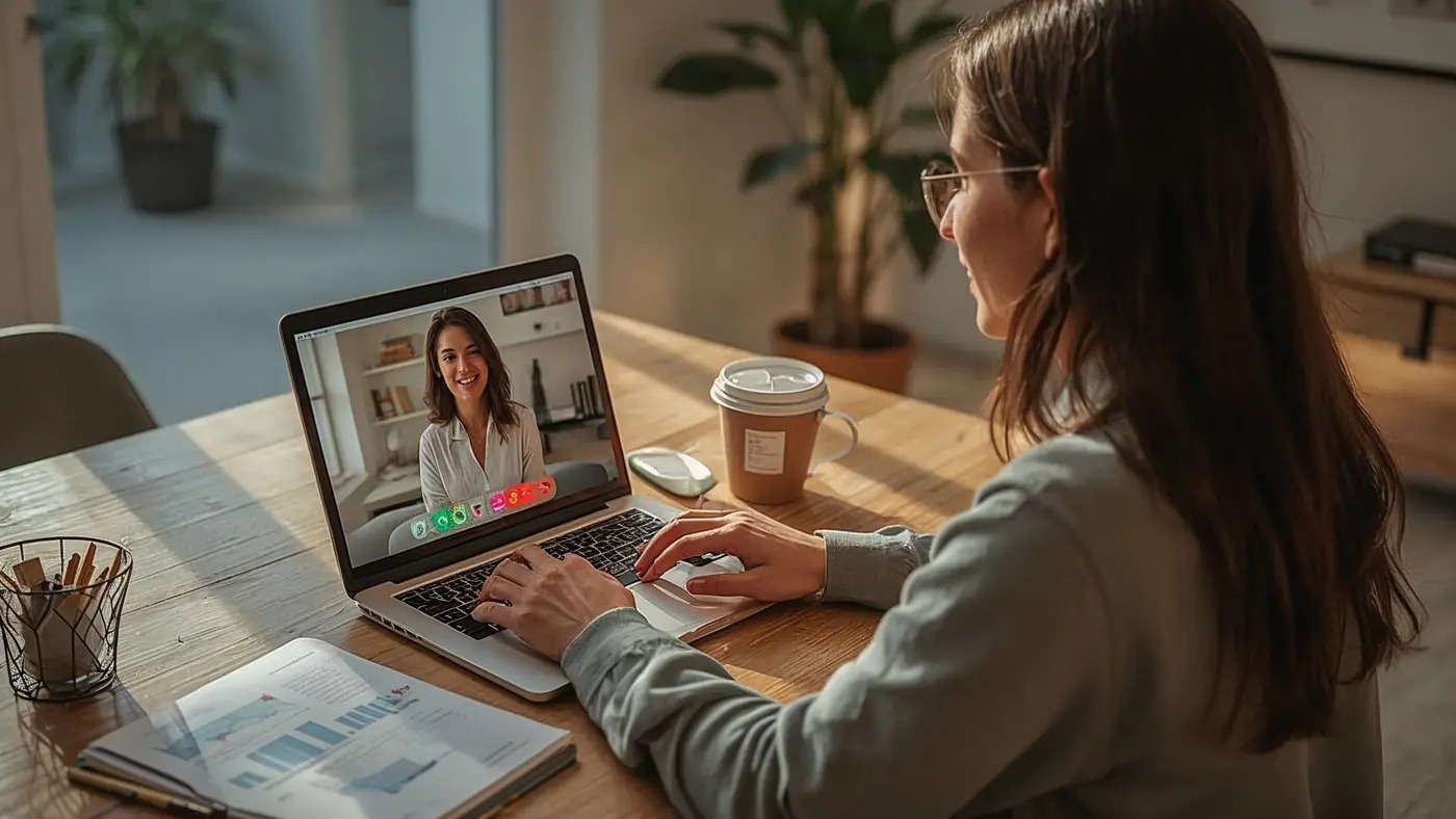 Solo entrepreneur conducting a professional video call with a client in a bright, modern home office, workflow charts visible on the desk
