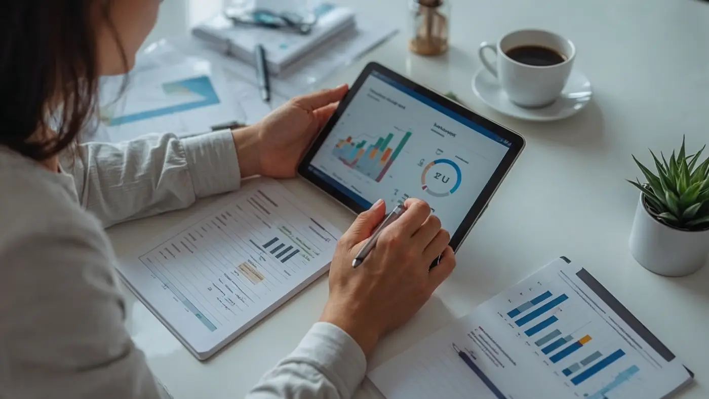 A person analyzing AI-generated market research data on a tablet and notepad, surrounded by paperwork and coffee on a minimalist desk, illustrating focused productivity.