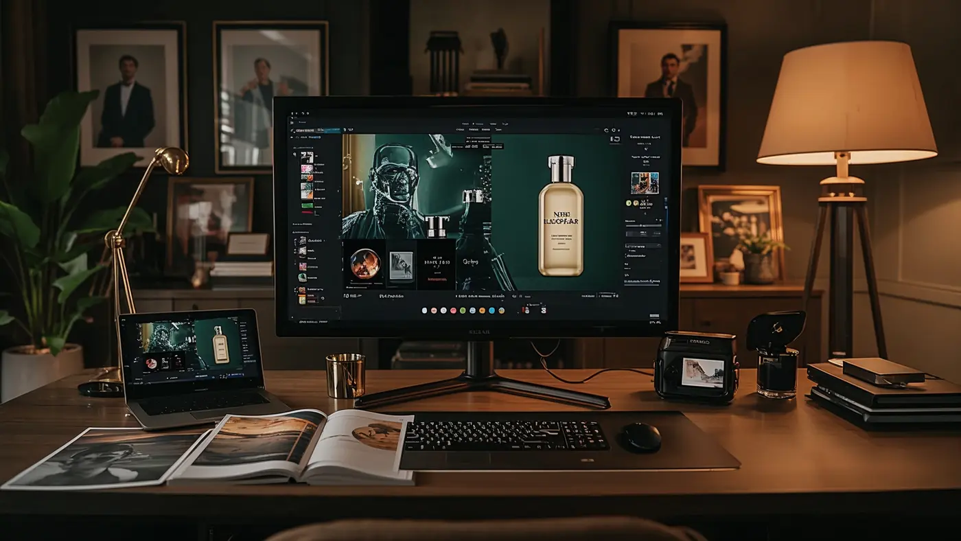 A hyper-realistic image of a luxury brand workspace, showing AI-generated visuals on a large monitor and printed mockups on an elegant desk, with sophisticated ambient lighting and no people.