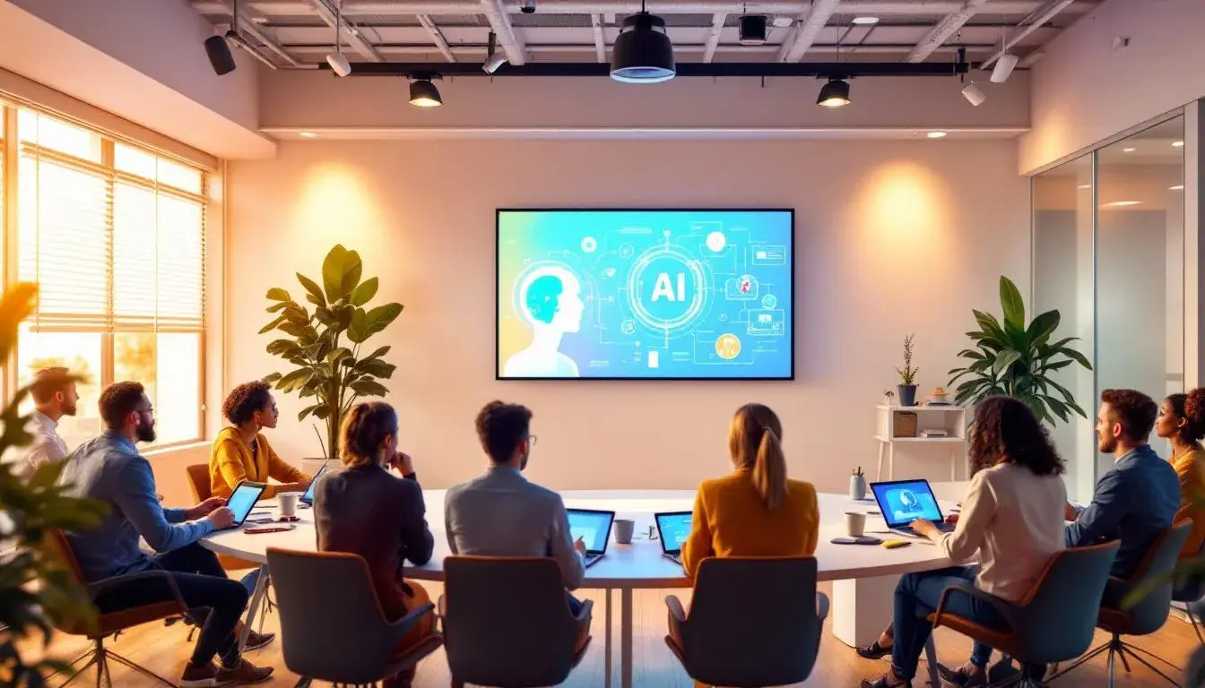 A diverse group of employees participating in an AI training session, emphasizing the importance of AI training for today's workforce.