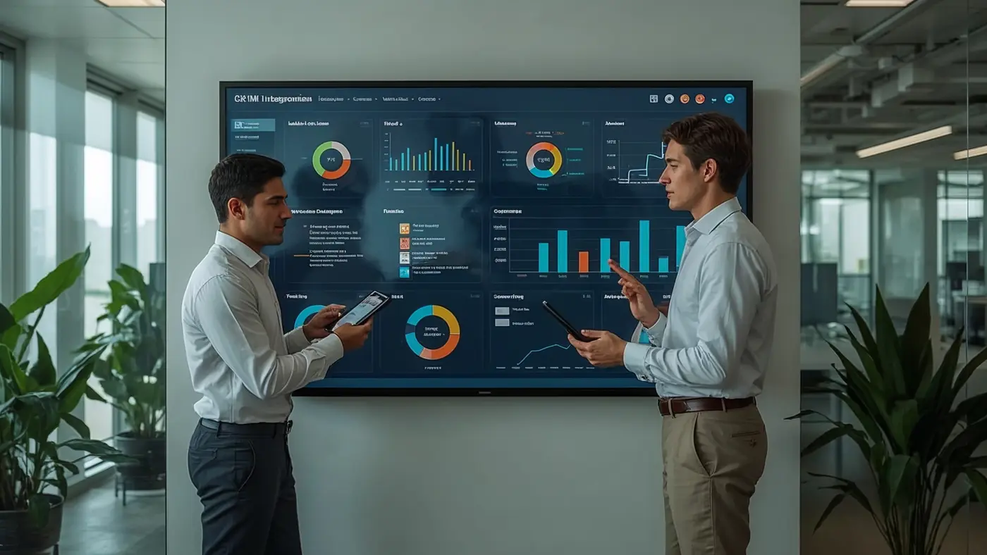 Two professionals of different ethnicities discussing in a modern office in front of a wall-mounted CRM dashboard, surrounded by glass partitions and plants.