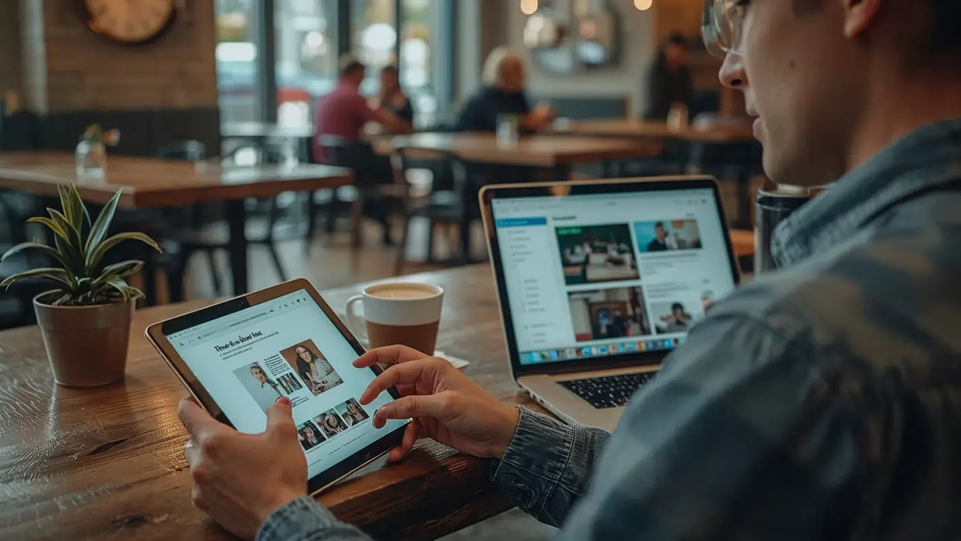 A hyper-realistic coffee shop scene with a creator reviewing AI-powered content on a tablet and using a laptop with visual content tools, immersed in a modern café atmosphere.