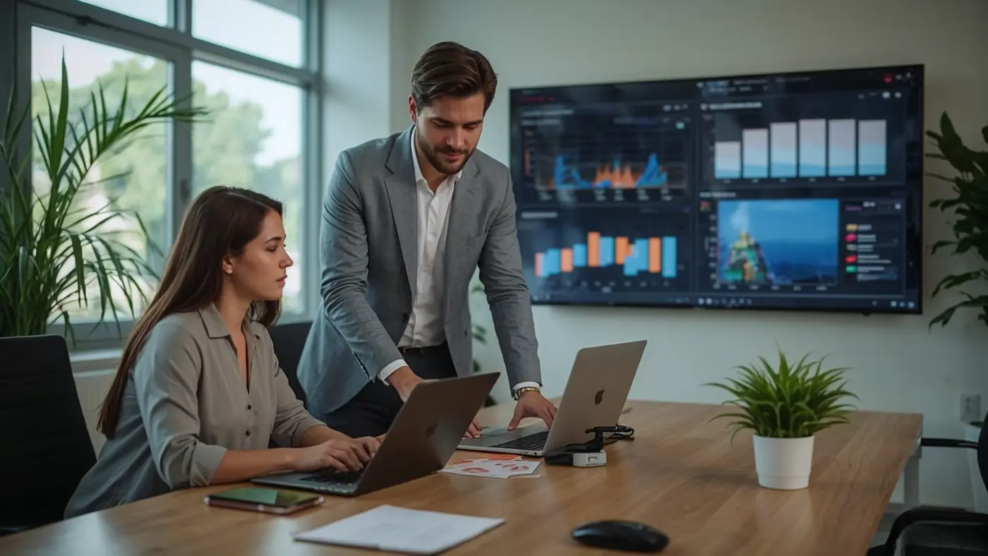 Digital marketing consultant collaborating with a franchisee on AI implementation using data analytics in a bright office