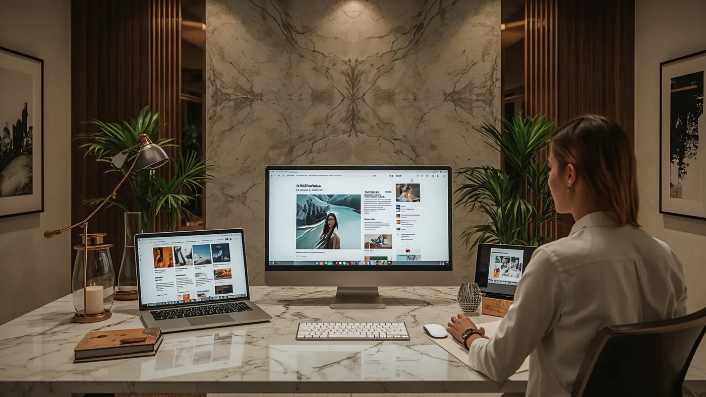 A luxury workspace with multiple devices displaying AI content creation platforms and visuals
