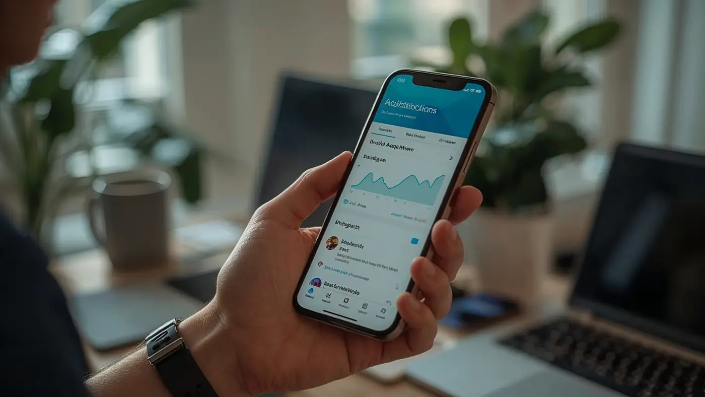 Hand holding a smartphone displaying AI-driven social media analytics in a real home office