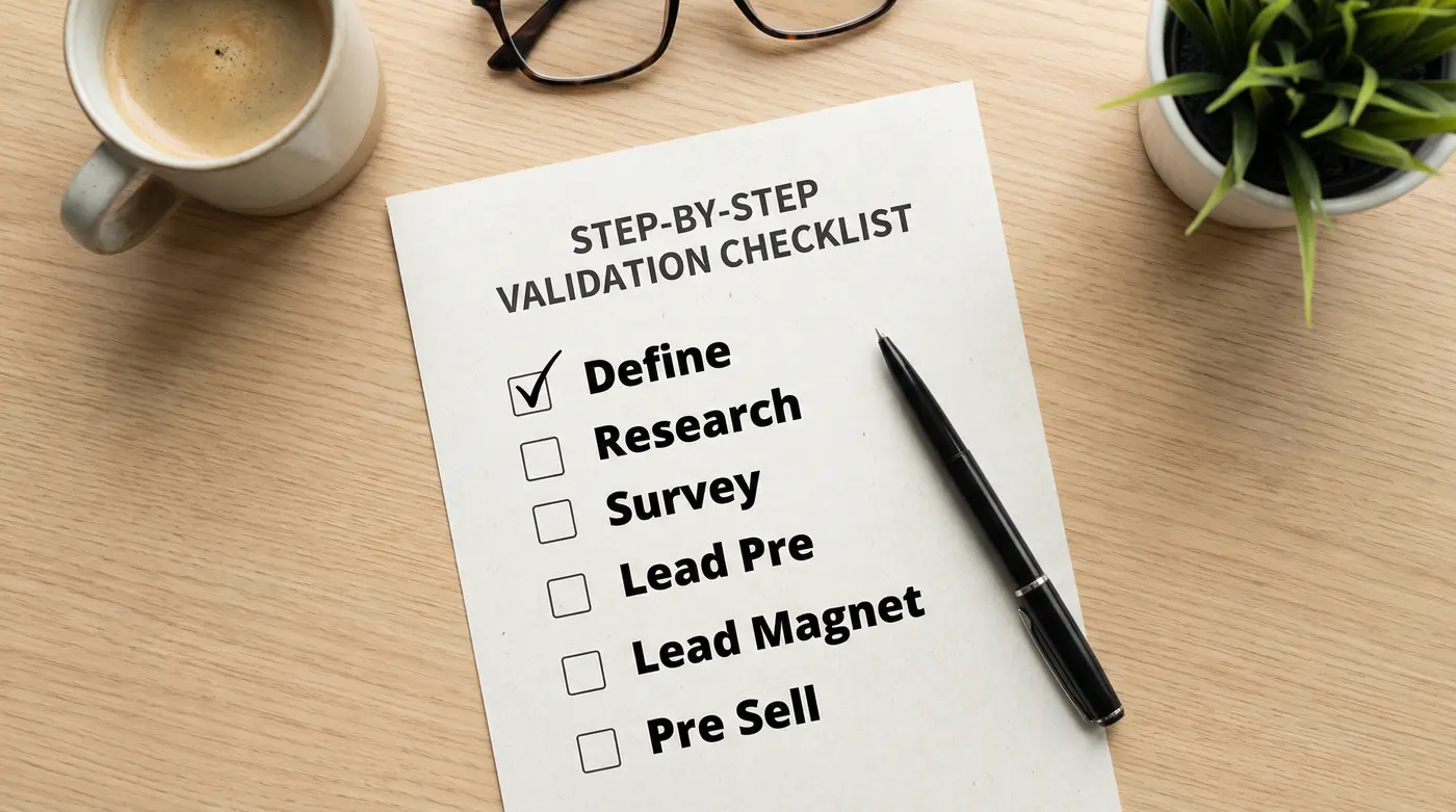 course-validation-checklist-define-research-survey-lead-magnet-pre-sell