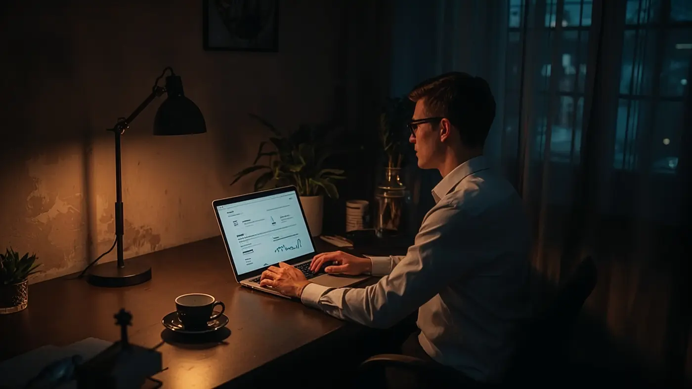 A determined entrepreneur working late at a tidy desk, reviewing an AI implementation roadmap with realistic lighting and workspace details.