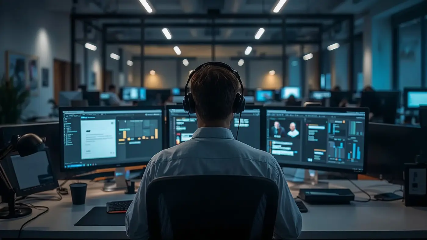 A professional customer support agent using AI-powered chatbots and voice assistants in a modern workspace