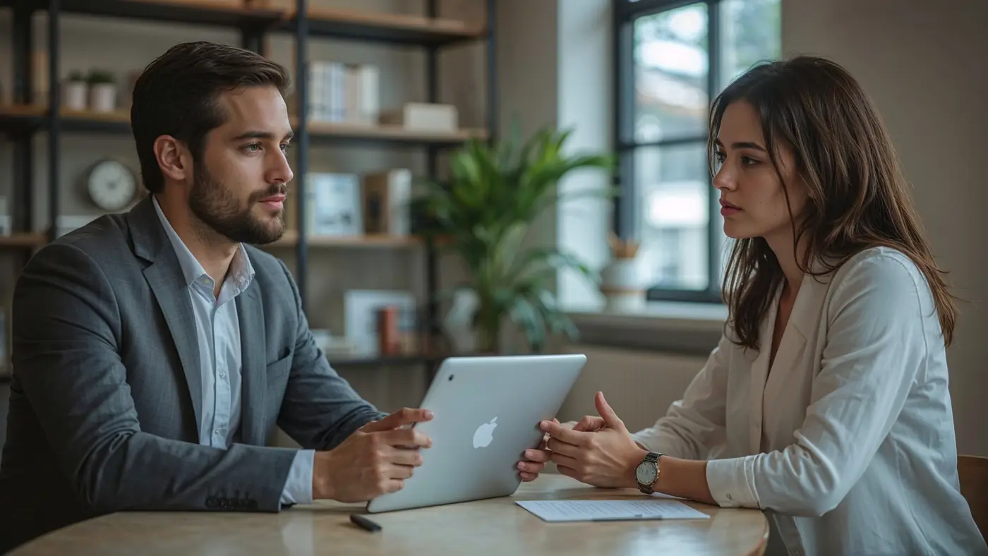 Two professionals, coach and client, collaborating over a digital tablet with AI coaching tools in a bright, modern office, hyper-realistic photo style.
