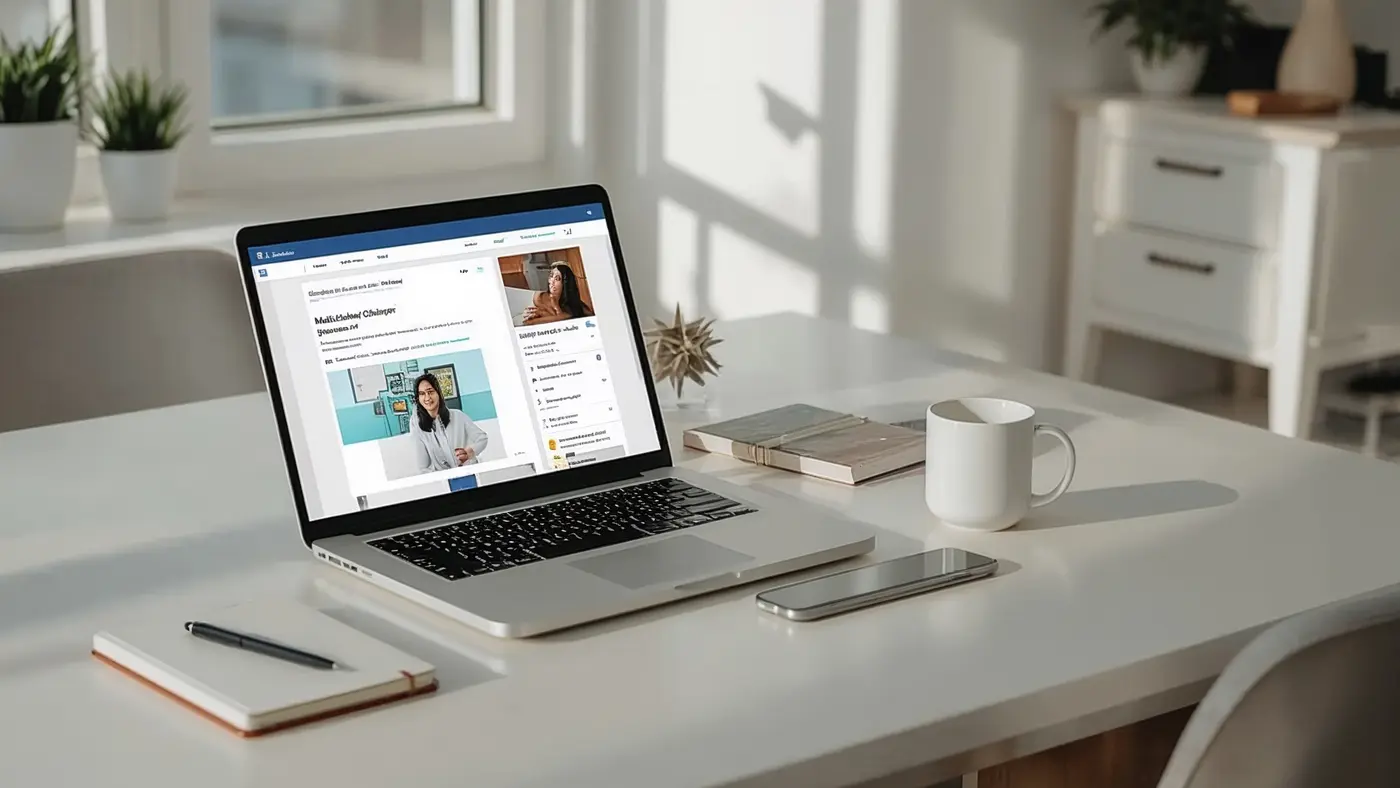 A hyper-realistic modern workspace with a laptop showing a digital course interface, surrounded by a notepad, coffee mug, and smartphone. No people are present, and natural light streams in from a window.