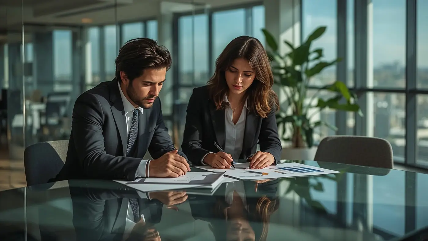 A hyper-realistic photo of two business professionals reviewing social media analytics and charts in a bright, modern office