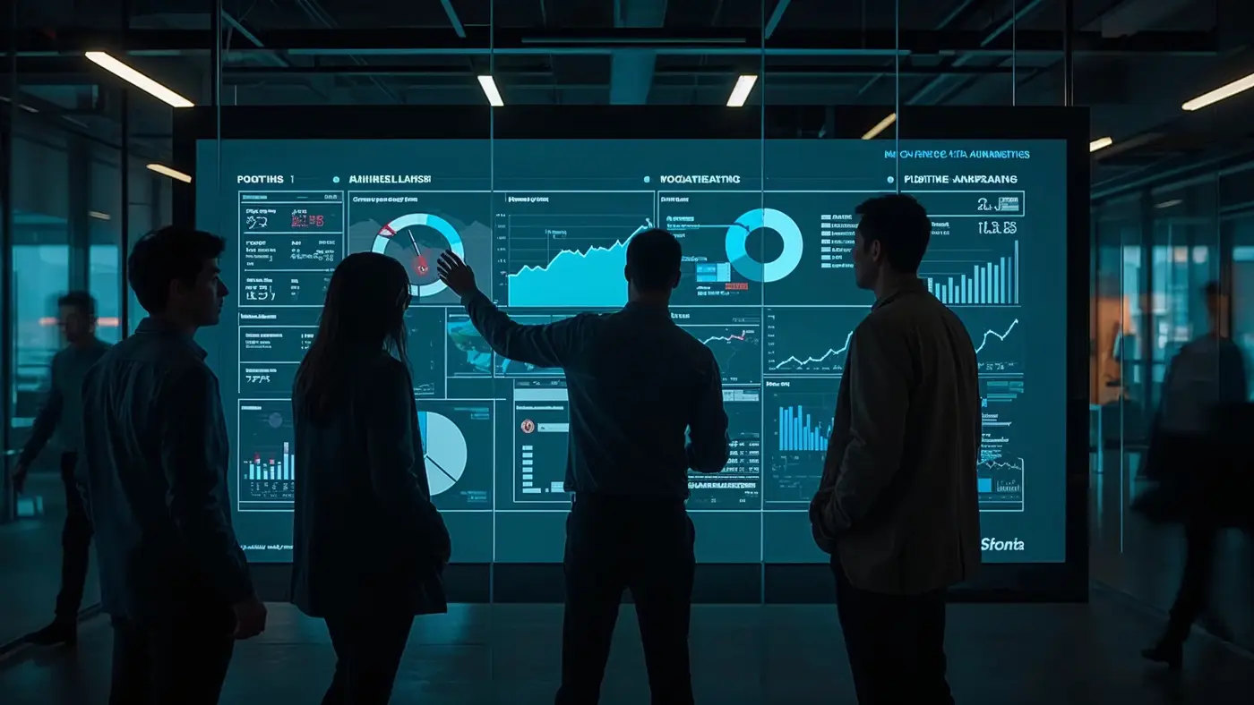 A digital marketing team collaborating in a modern workspace, analyzing AI-powered product launch dashboards on a large interactive screen.