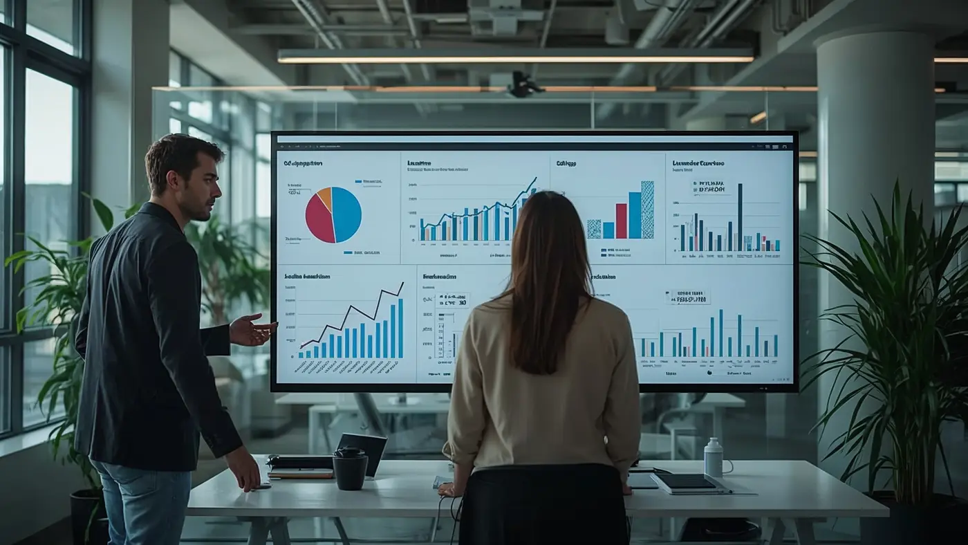 Two professionals collaborating at a modern workspace, analyzing online education analytics on a large screen with realistic lighting, representing teamwork and AI-driven insights.