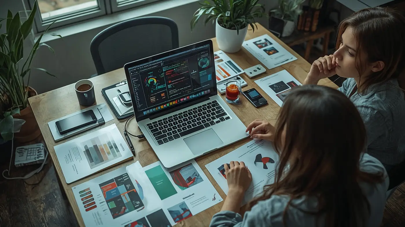 A creative workspace with AI-powered tools on a laptop screen, surrounded by printed infographics, social posts, and video boards, with two professionals reviewing content outputs.