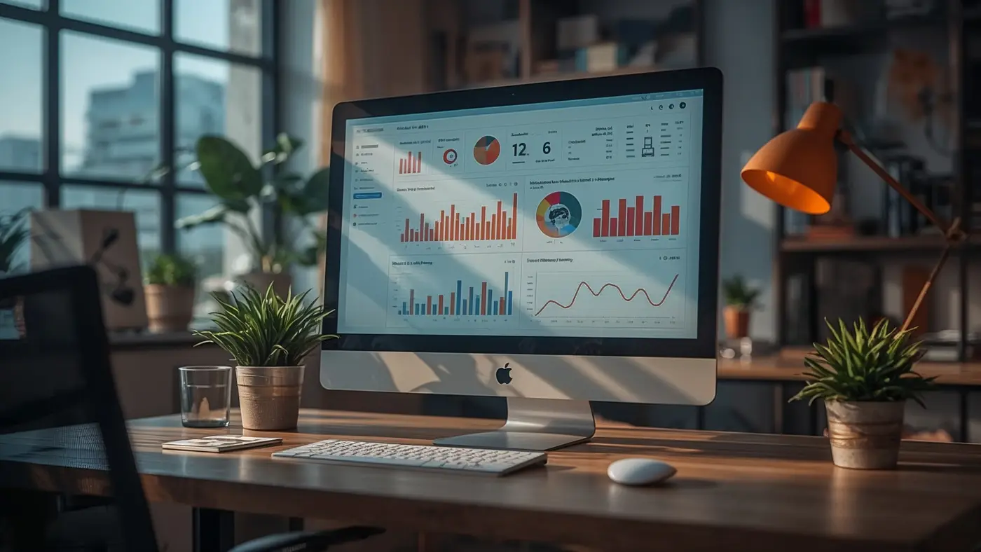 A hyper-realistic image of a high-end workspace with a computer screen displaying an AI-driven marketing dashboard, vibrant metrics, and workflow charts, illuminated by natural daylight.