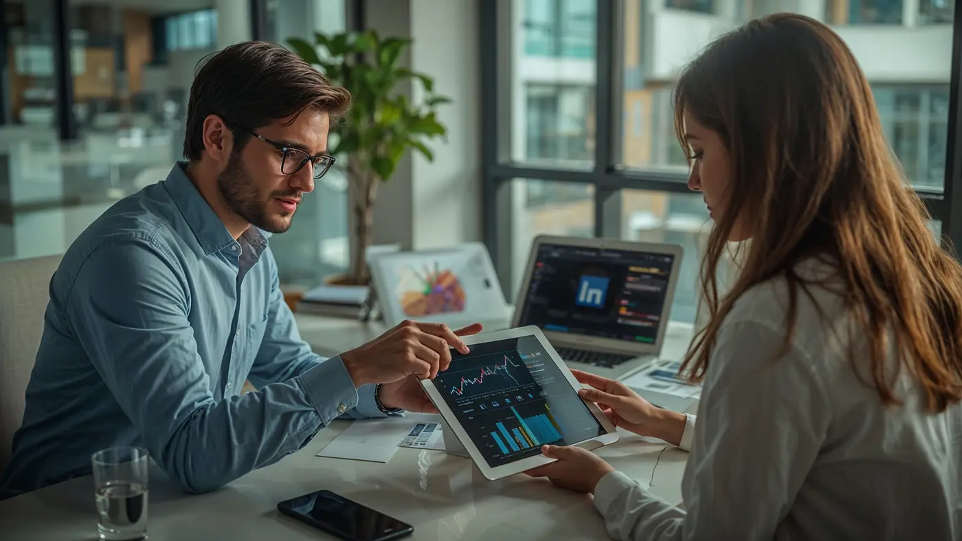 Two professionals collaborating at a modern office desk, reviewing analytics on a tablet, with LinkedIn branding visible and natural daylight