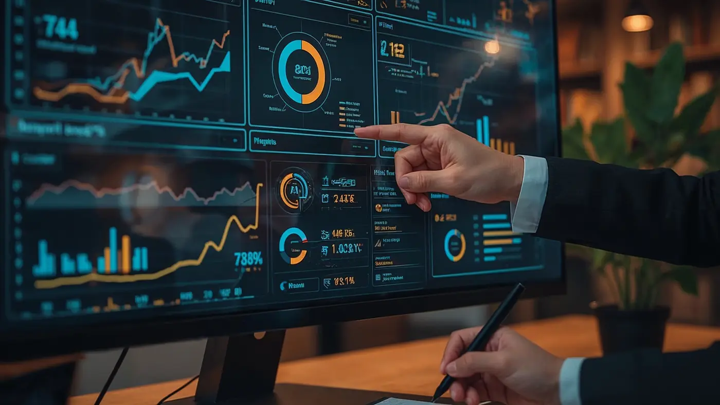 A close-up of an AI-powered dashboard on a monitor, with a consultant's hand pointing at key metrics and another hand taking notes in a modern office with natural lighting.