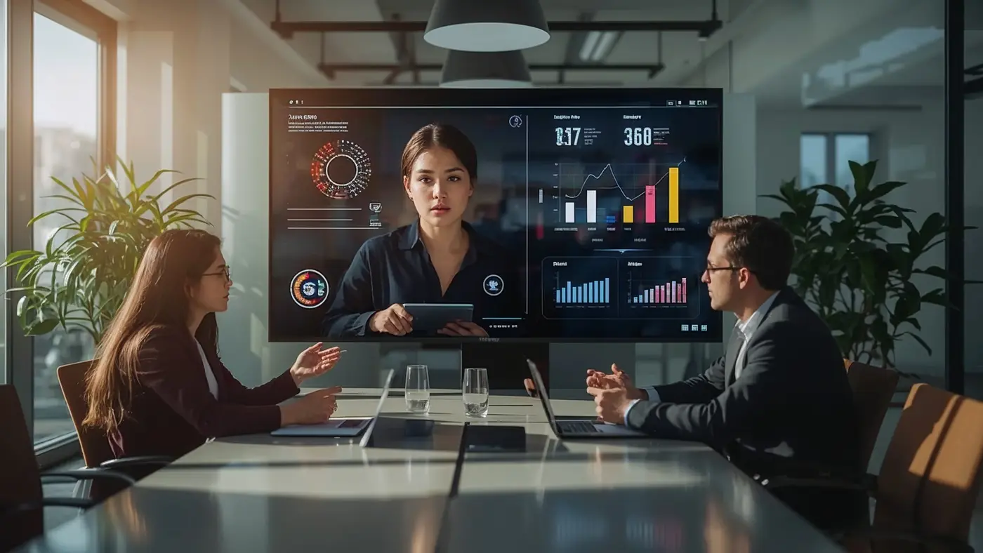 A hyper-realistic office scene with entrepreneurs collaborating around a large screen displaying an AI assistant interface and digital workflow charts.