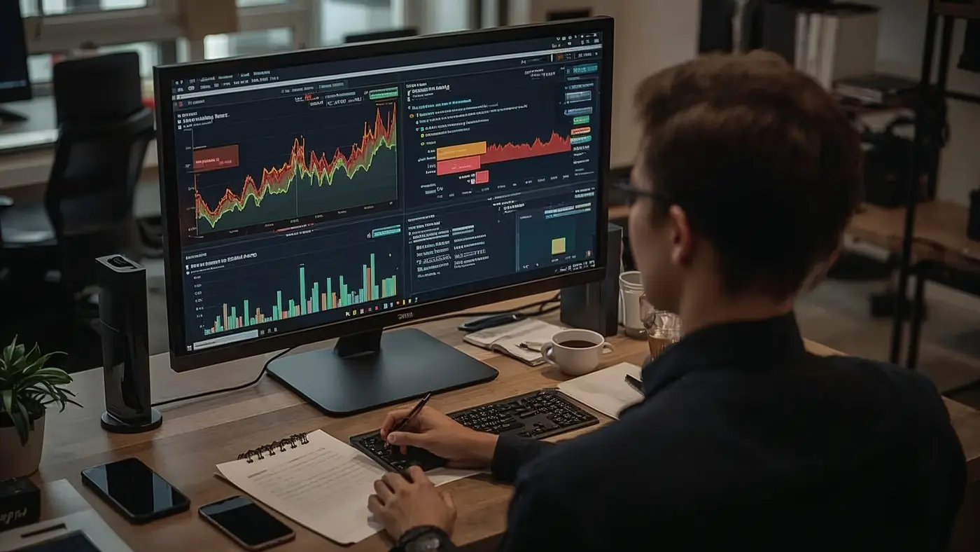 A person analyzing content performance data on a large monitor, surrounded by notes and a cup of tea in a realistic, productive office setting.