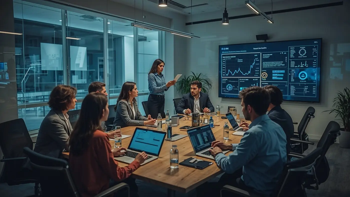 A hyper-realistic photo of two business professionals at a modern AI-driven coaching workshop, interacting with digital smartboards displaying coaching analytics.
