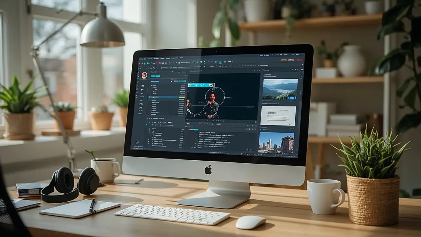 AI-powered creator platform interface on desktop in bright home office