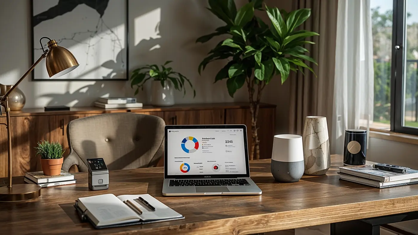 Luxury home office workspace with advanced AI devices, branding materials, and analytics tablet in natural daylight