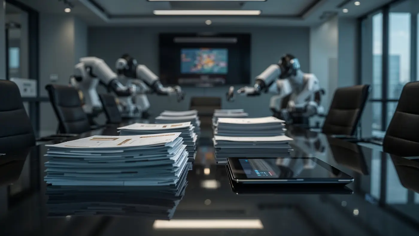 Robotic arms automating document handling and digital tablets on a modern office table
