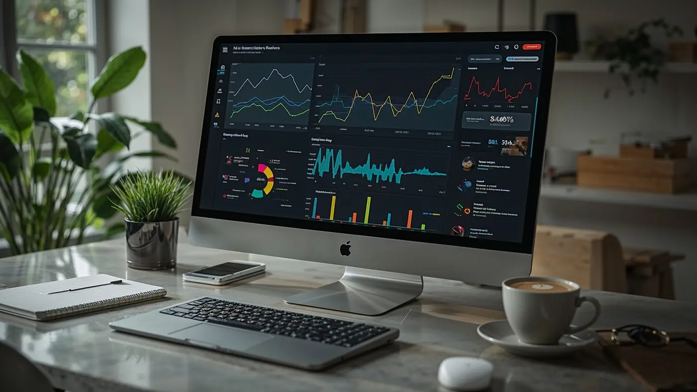 Close-up of a hyper-realistic AI dashboard integrated with marketing and CRM tools on a sleek desktop, featuring interactive graphs and natural lighting.