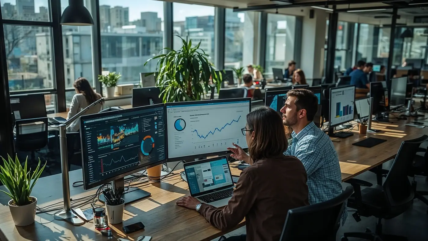 Creative team collaborating in a modern office, discussing Facebook ad strategies with AI-powered analytics on digital screens.