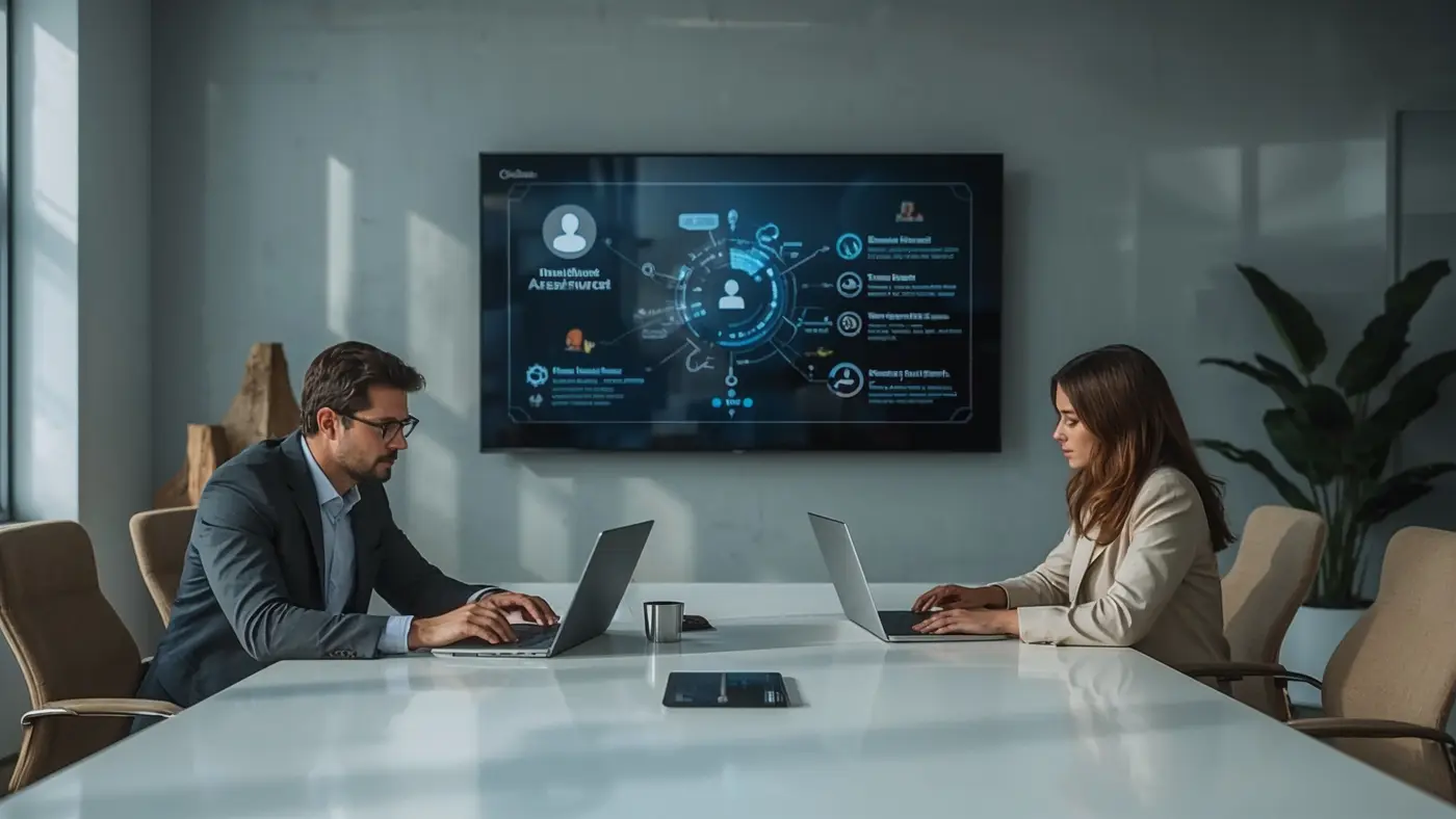 Two professionals collaborating with AI assistant interface in a modern office meeting room
