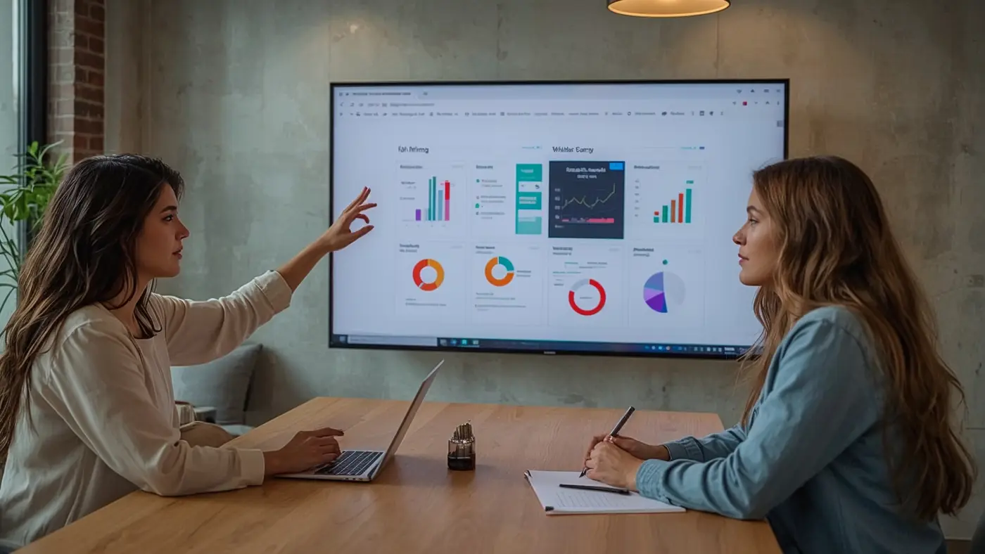A hyper-realistic photo of two solopreneurs collaborating in a modern office, reviewing AI-powered workflow diagrams on a screen, with realistic lighting and a tech-driven atmosphere.